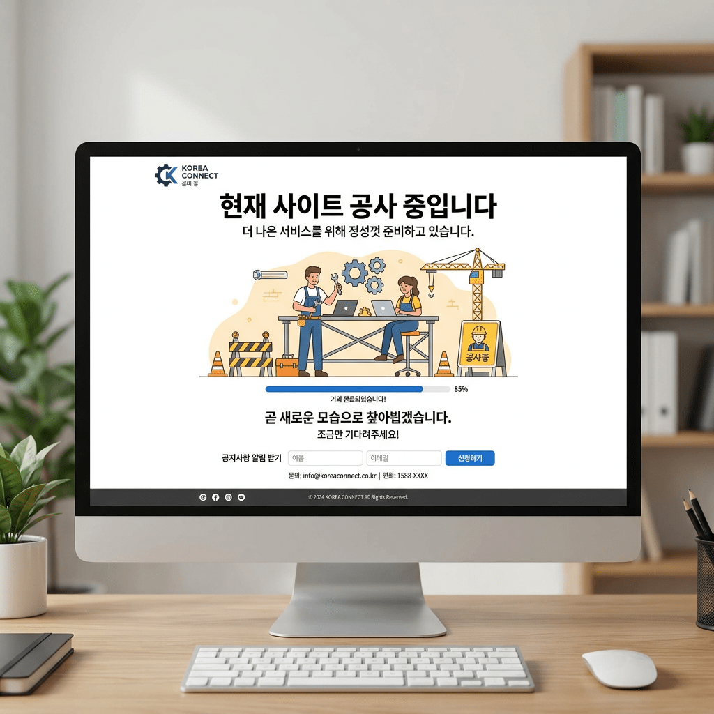 Website under construction notice with progress bar and construction illustrations